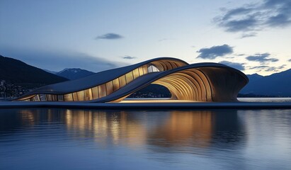 A waterfront opera house with an acoustically optimized wave shaped roof illuminated from within at dusk on the lake against a mountainous landscape