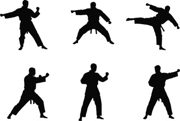 Martial arts silhouette vector, karate poses, taekwondo stances, self-defense training, black belt action, combat movement, traditional uniform, fighting illustration
