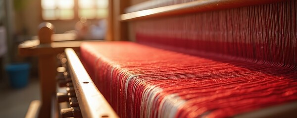 Close up of traditional weaving loom with vibrant red threads under warm sunlight. Manual machine actively creating new fabric. Detailed textile production process highlights artisan craft, heritage