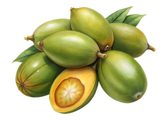 Pile of Peach Palm Fruits, Some Whole and One Half, with Leaves