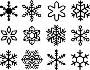 ペン画風の雪の結晶イラストセット。ぼこぼこした質感のベクター線画。Pen-drawn style snowflake illustration set. Vector line art with rough texture.
