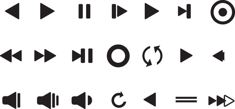 Media Control Icons Set &ndash; Playback, Volume, Loop, and Navigation Symbols in Black on White Background
