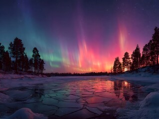 Vibrant Aurora Borealis lights up a frozen cracked lake under a starry Arctic night