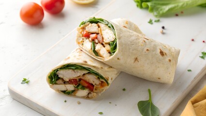 Delicious Chicken Wrap With Fresh Greens Tomatoes And Lemon On A White Board In Natural Light