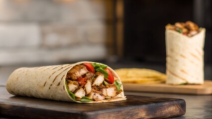 Delicious Chicken Wrap with Fresh Vegetables on a Rustic Wooden Board