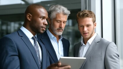 Three executives in formal suits, standing close to office window with sunlight, reviewing graphs on large tablet, focused and engaged in discussion. SEO executives data discussion - Powered by Adobe