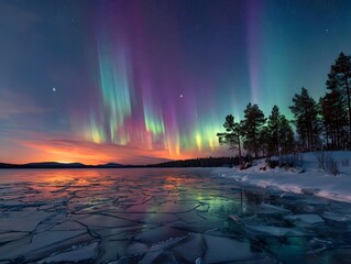 Vibrant Aurora Borealis illuminates a frozen lake under a starry night sky