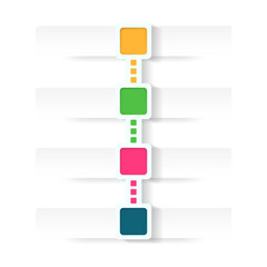 Vertical process infographic with four colored squares and dashed connectors, representing timeline, flow, or hierarchy