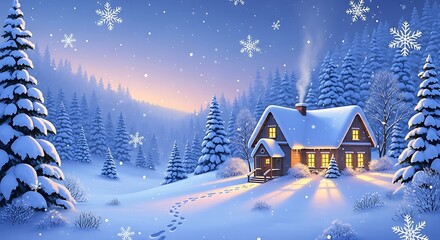 Fototapeta premium Cozy cabin in snowy forest with illuminated windows at dusk