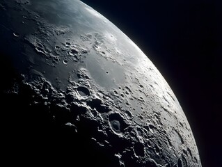 Detailed close up view of the Moon s surface revealing numerous impact craters and rugged lunar terrain under dramatic lighting and deep shadows