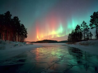 Vivid Aurora Borealis illuminates a frozen lake with cracked ice under a starry night
