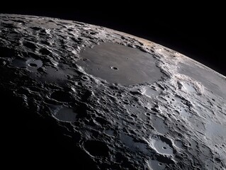 Detailed close up of the Moon s heavily cratered surface revealing intricate textures and dramatic shadows under black space