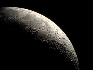 Detailed close up of the Moon s rugged surface illuminated by sunlight to reveal craters and textured terrain against a black sky