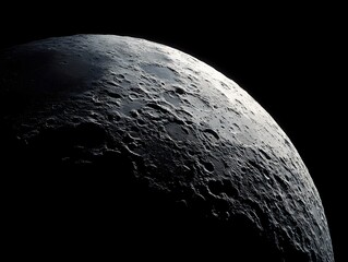 Detailed close up view of the Moon s rugged cratered surface against the blackness of space