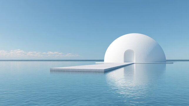 A minimalist white dome structure with a circular entrance, floating on calm water with a clear blue sky in the background.