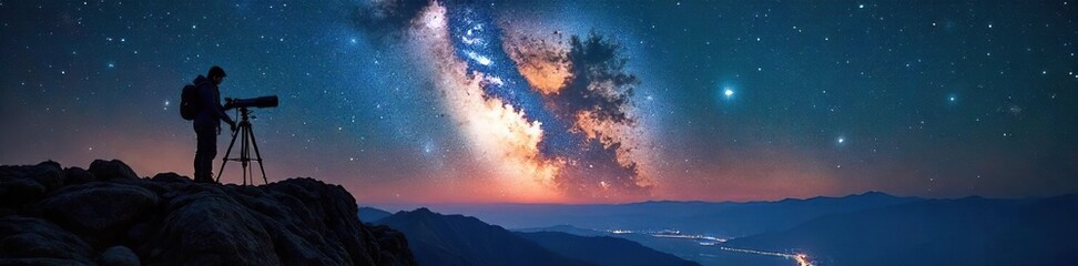 Lone Astronomer Captivated by Milky Way Panorama A Breathtaking Night Sky Observation