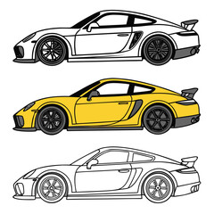 Three stylized sports cars: one yellow, two line drawings
