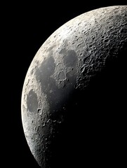 Detailed close up view of the Moon s cratered surface showcasing lunar textures and shadows against the blackness of space