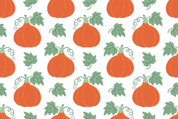 Autumn Pumpkins Pattern. Hand drawn trendy flat style. Thanksgiving Autumn vegetable harvest background. Cute Red pumpkin. Seasonal pattern for cover packaging card. Vector illustration