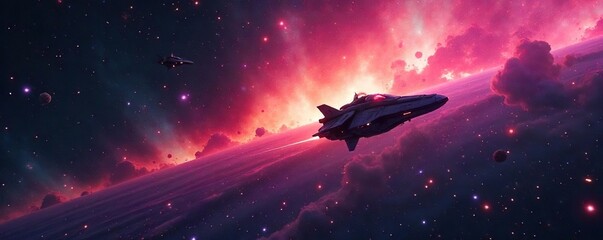 Obraz premium Lone Spaceship Journey Through Vibrant Nebula A Cosmic Exploration of the Unknown
