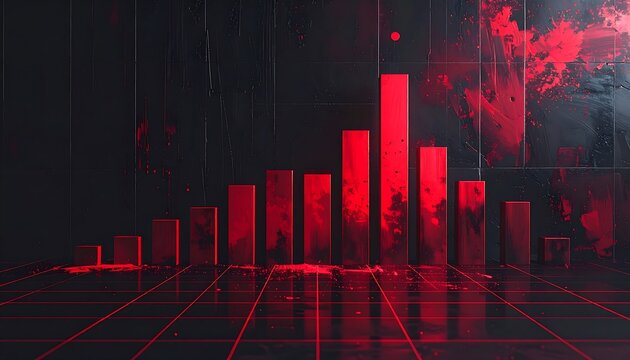 A digital representation of a red bar graph against a dark, textured backdrop with grid lines. Abstract splatters enhance the depth of field