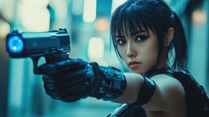 Cyberpunk vigilante with a firearm, set against futuristic city backdrop, ready for action. Intense gaze.
