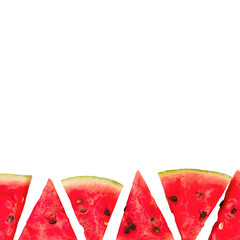 Close up of several watermelon slices arranged in a row against black background on transparent...