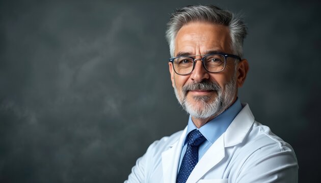Mature man with gray hair and beard wears glasses and white lab coat. He smiles confidently, projecting experience and intelligence in this professional portrait.