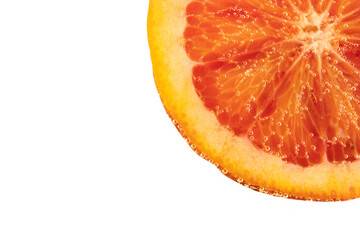 Close up of a blood orange slice with bubbles on a black background space on transparent background