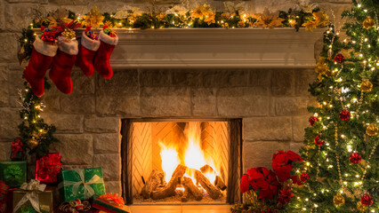 fireplace with christmas decorations
