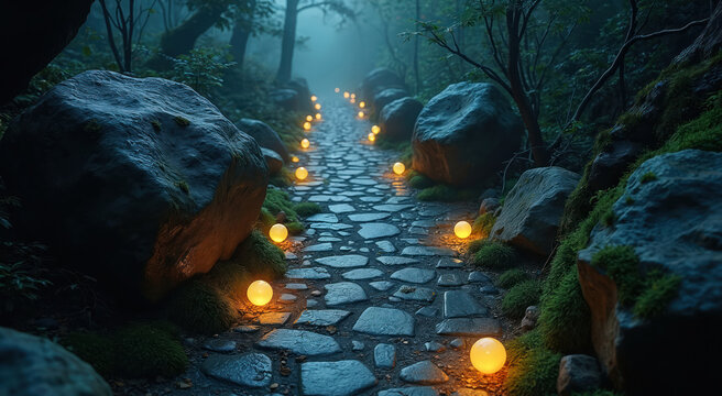 Stone path winds through dark misty forest. Glowing yellow orbs light mysterious way forward at night. Big rocks, green moss line ancient trail. Enchanted journey invites quiet exploration, discovery
