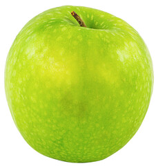 A single green apple with a short brown stem on a plain black background view on transparent background