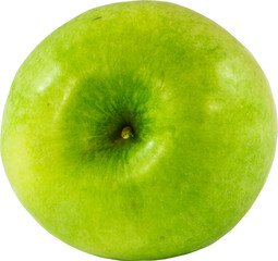 A close up shot of a bright green granny smith apple against a black background on transparent background