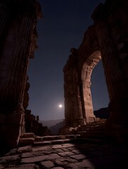 Ancient stone ruins bathed in moonlight under a starry night sky revealing grand architecture and weathered structures