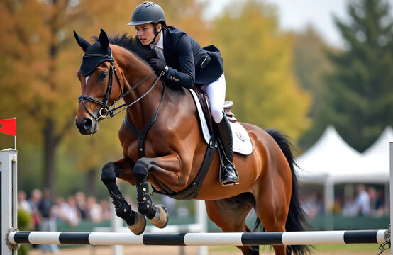 Female rider on brown horse jumps over fence during equestrian show jumping competition. Athlete, animal clear obstacle with precision, skill. Sport event outdoors with autumn trees, spectators in