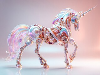 Metallic unicorn with visible gears and iridescent finish. Elegant and futuristic creature on soft backdrop.