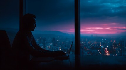 A man works on his laptop in a modern office overlooking a vibrant city skyline at dusk