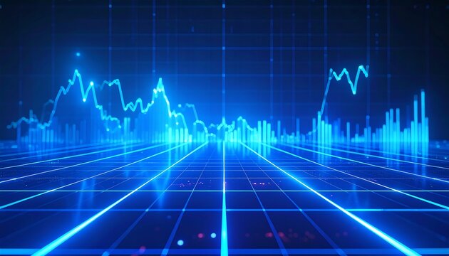 A digital, three-dimensional blue grid illustrates an undulating line chart with vertical bars. The data visualization suggests market analysis