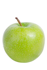 Close up shot of a single green apple with a stem on a black background view on transparent background