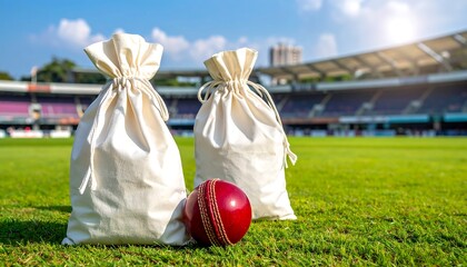 A cricket ball and two white drawstring bags sit on green grass in front of a stadium, bathed in sunlight, suggesting a game about to begin