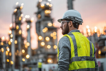 Fototapeta premium Engineer wearing safety helmet looking at industrial plant at sunset.