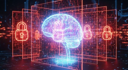 Glowing blue brain with padlock overlay surrounded by red digital security locks and circuit board patterns