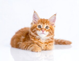 Obraz premium A ginger tabby kitten, with alert, wide eyes, rests on a white surface. Its long tail is extended, and its fur is fluffy