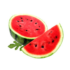 A halved watermelon and a slice with seeds on a black background with a leaf on transparent background
