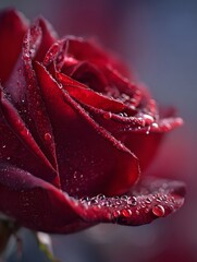 A close up ro view of a vibrant red rose with glistening dew droplets on its velvety petals