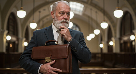 Elderly man holding a briefcase while thinking in a bank interior  