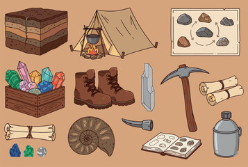 A vintage-style collection of geology and camping elements including crystals, fossils, tent, boots, and field tools for exploration themes.