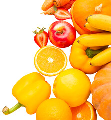 A vibrant display of fresh fruits and vegetables against a dark background on transparent background