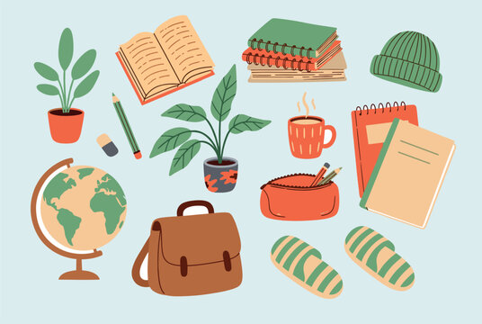 A warm and cozy study desk composition with books, tea, plants, and study accessories, ideal for learning and relaxation themes.