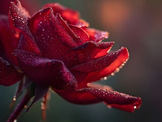 A detailed ro shot of a vibrant red rose covered in glistening dew drops with soft light highlighting the delicate petals